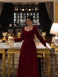 Niulatu A line Square Neckline Long Sleeves Red Velvet Date Night Dress Prom Dresses Birthday Party Outfit SD872