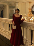 Niulatu A line Square Neckline Long Sleeves Red Velvet Date Night Dress Prom Dresses Birthday Party Outfit SD872