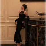 Niulatu Mermaid High Neckline Black Velvet Prom Dresses Birthday Outfits Evening Gown SD873