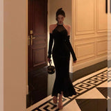 Niulatu Mermaid High Neckline Black Velvet Prom Dresses Birthday Outfits Evening Gown SD873