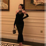 Niulatu Mermaid High Neckline Black Velvet Prom Dresses Birthday Outfits Evening Gown SD873
