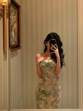 Niulatu Sheath Spaghetti Straps Green Floral Lace Prom Dresses Birthday Outfits Evening Gown SD875
