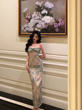 Niulatu Sheath Spaghetti Straps Green Floral Lace Prom Dresses Birthday Outfits Evening Gown SD875