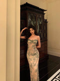 Niulatu Sheath Spaghetti Straps Green Floral Lace Prom Dresses Birthday Outfits Evening Gown SD875