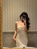 Niulatu Mermaid Spaghetti Straps White Floral Satin Prom Dresses Birthday Outfits Evening Gown SD876