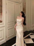 Niulatu Mermaid Spaghetti Straps White Floral Satin Prom Dresses Birthday Outfits Evening Gown SD876