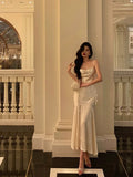 Niulatu Mermaid Spaghetti Straps White Floral Satin Prom Dresses Birthday Outfits Evening Gown SD876