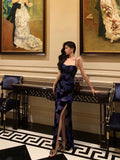 Niulatu Sheath Spaghetti Straps Royal Blue Floral Prom Dresses Birthday Outfits Evening Gown SD878