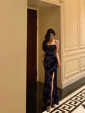 Niulatu Sheath Spaghetti Straps Royal Blue Floral Prom Dresses Birthday Outfits Evening Gown SD878
