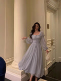 Niulatu A line Square Neckline Long Sleeves Chiffon Blue Date Night Dress Prom Dresses Birthday Party Outfit SD880