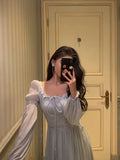 Niulatu A line Square Neckline Long Sleeves Chiffon Blue Date Night Dress Prom Dresses Birthday Party Outfit SD880