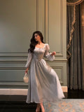 Niulatu A line Square Neckline Long Sleeves Chiffon Blue Date Night Dress Prom Dresses Birthday Party Outfit SD880