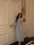 Niulatu A line Square Neckline Long Sleeves Chiffon Blue Date Night Dress Prom Dresses Birthday Party Outfit SD880