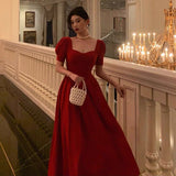Niulatu A Line Square Neckline Red Short Sleeves Date Night Dress Prom Dresses Birthday Party Outfit SD883