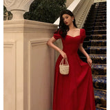 Niulatu A Line Square Neckline Red Short Sleeves Date Night Dress Prom Dresses Birthday Party Outfit SD883