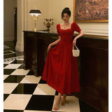 Niulatu A Line Square Neckline Red Short Sleeves Date Night Dress Prom Dresses Birthday Party Outfit SD883