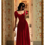 Niulatu A Line Square Neckline Red Short Sleeves Date Night Dress Prom Dresses Birthday Party Outfit SD883