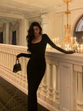 Niulatu Sheath Square Neckline Long Sleeves Black Date Night Dress Prom Dresses Birthday Party Outfit SD888