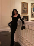 Niulatu Sheath Square Neckline Long Sleeves Black Date Night Dress Prom Dresses Birthday Party Outfit SD888