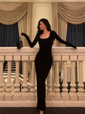 Niulatu Sheath Square Neckline Long Sleeves Black Date Night Dress Prom Dresses Birthday Party Outfit SD888