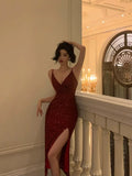 Niulatu Sheath Spaghetti Straps Red Sequin Prom Dresses Birthday Outfits Evening Gown SD889