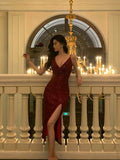 Niulatu Sheath Spaghetti Straps Red Sequin Prom Dresses Birthday Outfits Evening Gown SD889