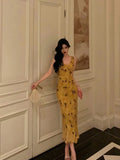 Niulatu Sheath V Neckline Yellow Floral Date Night Dress Prom Dresses Birthday Party Outfit SD890