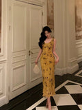 Niulatu Sheath V Neckline Yellow Floral Date Night Dress Prom Dresses Birthday Party Outfit SD890