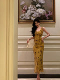 Niulatu Sheath V Neckline Yellow Floral Date Night Dress Prom Dresses Birthday Party Outfit SD890