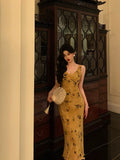 Niulatu Sheath V Neckline Yellow Floral Date Night Dress Prom Dresses Birthday Party Outfit SD890