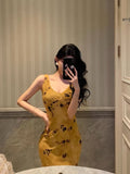 Niulatu Sheath V Neckline Yellow Floral Date Night Dress Prom Dresses Birthday Party Outfit SD890