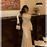 Niulatu Mermaid Off The Shoulder White Ruffles Long Sleeves Prom Dresses Birthday Outfits Evening Gown SD891