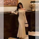 Niulatu Mermaid Off The Shoulder White Ruffles Long Sleeves Prom Dresses Birthday Outfits Evening Gown SD891