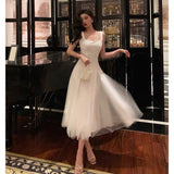 Niulatu A line Straps White Date Night Dress Tulle Prom Dresses Birthday Party Outfit SD893