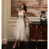 Niulatu A line Straps White Date Night Dress Tulle Prom Dresses Birthday Party Outfit SD893