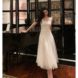 Niulatu A line Straps White Date Night Dress Tulle Prom Dresses Birthday Party Outfit SD893