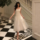 Niulatu A line Straps White Date Night Dress Tulle Prom Dresses Birthday Party Outfit SD893