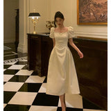 Niulatu French A line Short Sleeves Ivory Satin Prom Dresses Birthday Outfits Evening Gown SD896