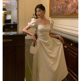 Niulatu French A line Short Sleeves Ivory Satin Prom Dresses Birthday Outfits Evening Gown SD896
