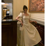 Niulatu French A line Short Sleeves Ivory Satin Prom Dresses Birthday Outfits Evening Gown SD896