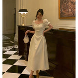 Niulatu French A line Short Sleeves Ivory Satin Prom Dresses Birthday Outfits Evening Gown SD896
