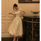 Niulatu French A line Short Sleeves Ivory Satin Prom Dresses Birthday Outfits Evening Gown SD896