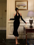 Niulatu Mermaid Halter Neckline Ruffles Black Velvet Prom Dresses Birthday Outfits Evening Gown SD897