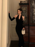 Niulatu Mermaid Halter Neckline Ruffles Black Velvet Prom Dresses Birthday Outfits Evening Gown SD897