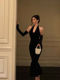 Niulatu Mermaid Halter Neckline Ruffles Black Velvet Prom Dresses Birthday Outfits Evening Gown SD897