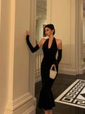 Niulatu Mermaid Halter Neckline Ruffles Black Velvet Prom Dresses Birthday Outfits Evening Gown SD897