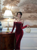 Niulatu Sheath Halter Neckline Burgundy Velvet Prom Dresses Birthday Outfits Evening Gown SD898