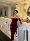 Niulatu Sheath Halter Neckline Burgundy Velvet Prom Dresses Birthday Outfits Evening Gown SD898