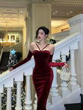 Niulatu Sheath Halter Neckline Burgundy Velvet Prom Dresses Birthday Outfits Evening Gown SD898