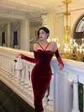 Niulatu Sheath Halter Neckline Burgundy Velvet Prom Dresses Birthday Outfits Evening Gown SD898